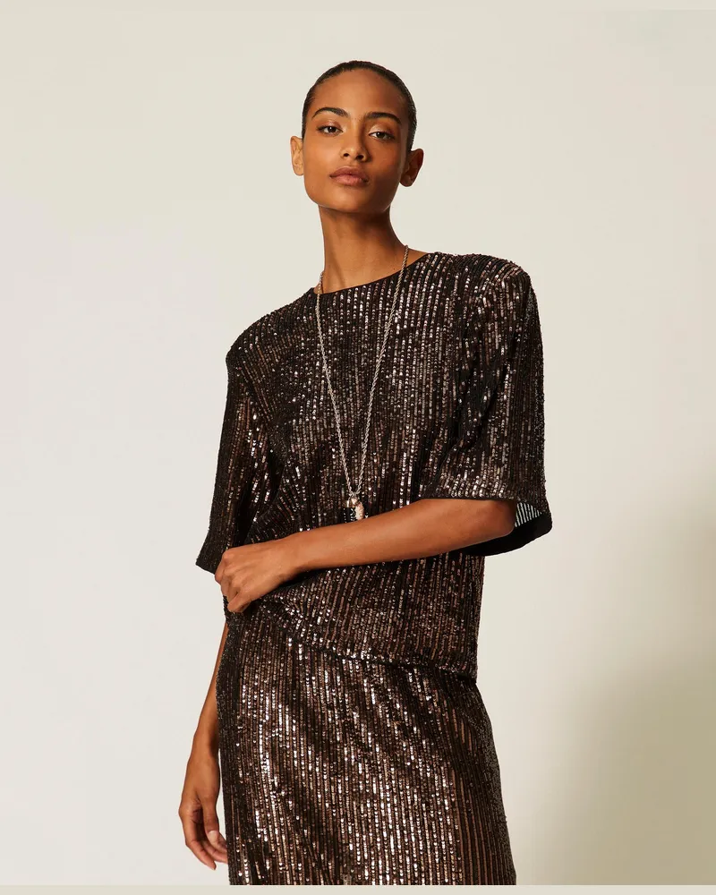 Twin-Set Bluse mit Rundhalsausschnitt aus Pailletten, Damen, Sequins Stripes Brown Sequins