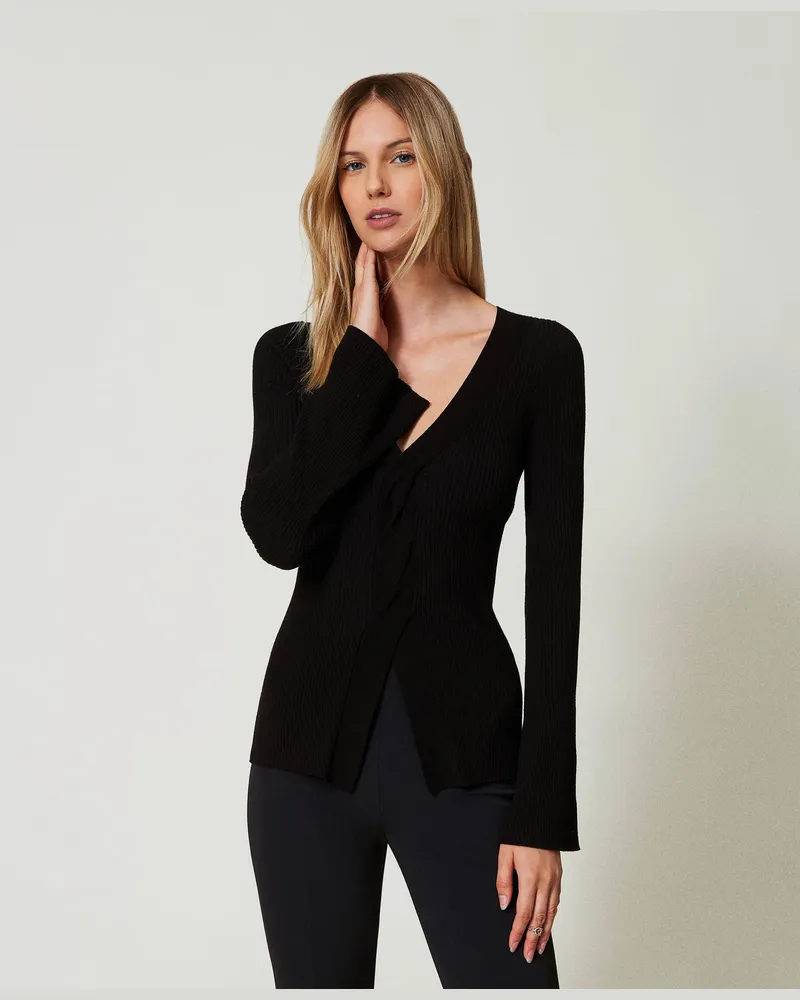 Twin-Set Figurbetonter Pullover mit Rippenmuster und Überkreuzung, Schwarz, Größe: XXL 