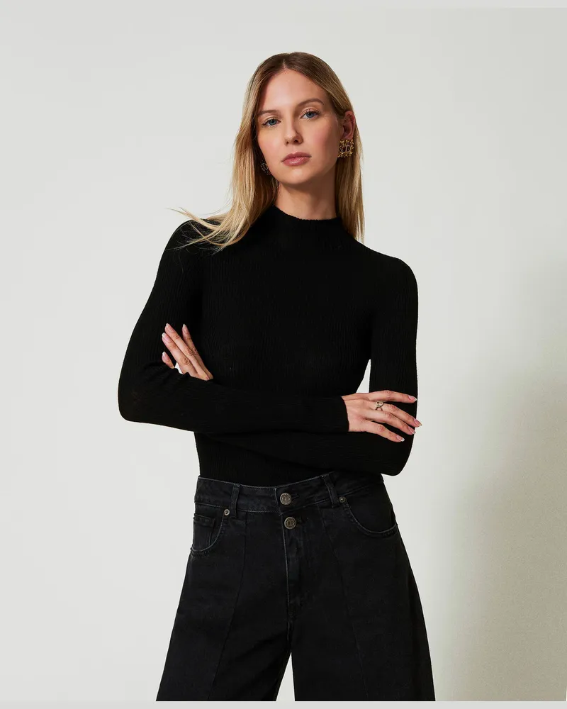 Twin-Set Nahtloser Stehkragenpullover aus Wolle, Schwarz, Größe: XXL 