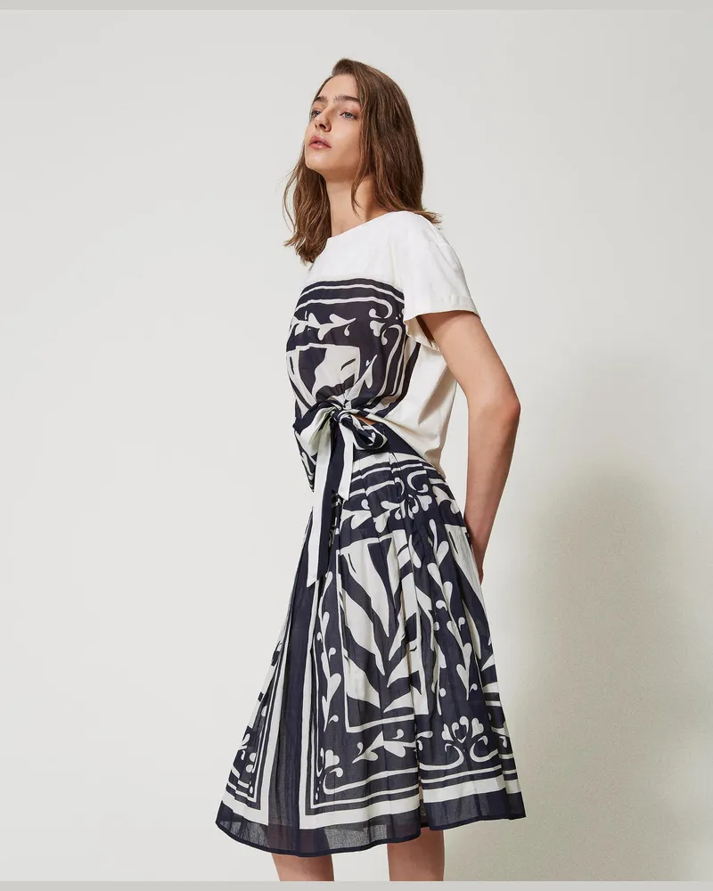 Twin-Set Bademode - Midirock aus bedrucktem Musselin, Foulard-Print Classic Blue / Sugar, Baumwolle, Größe: XL 