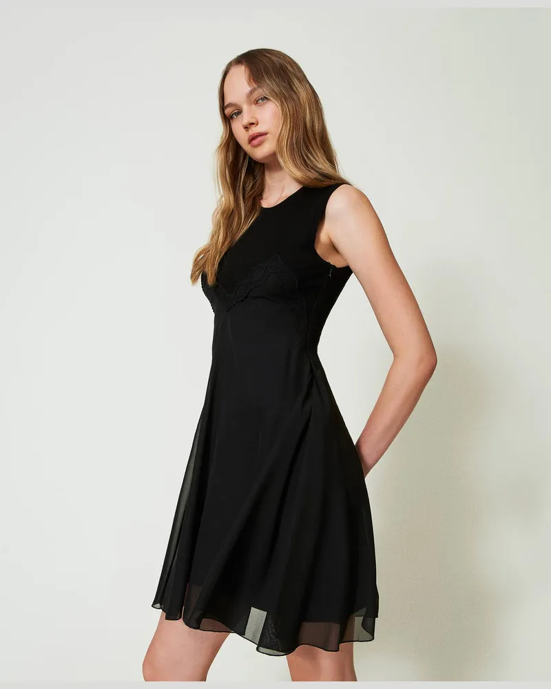 Twin-Set Kleider - Kurzes Strickkleid mit Georgette, Schwarz, Größe Schwarz