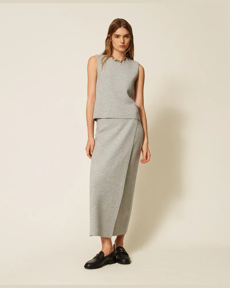 Twin-Set Midi-Strickrock, Damen, Hellgrau-Melange Hellgrau-melange