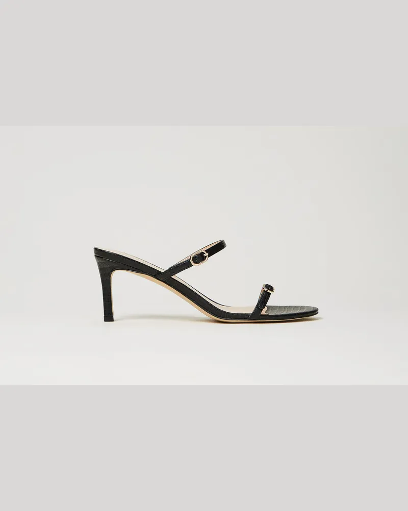 Twin-Set Schuhe - Sandalette in Kroko-Optik, Schwarz, Leder, Größe Schwarz