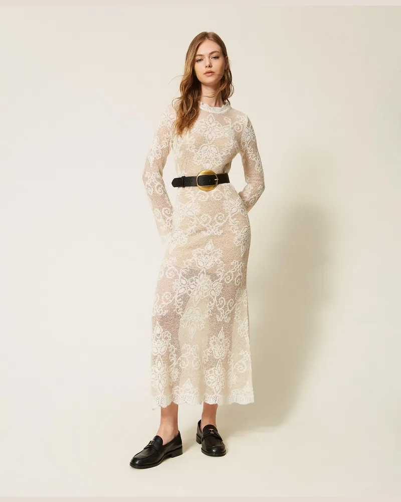 Twin-Set Maxi-Jacquard-Strickkleid aus Alpakamischung, Damen, "Parchment"-Beige Parchment-beige