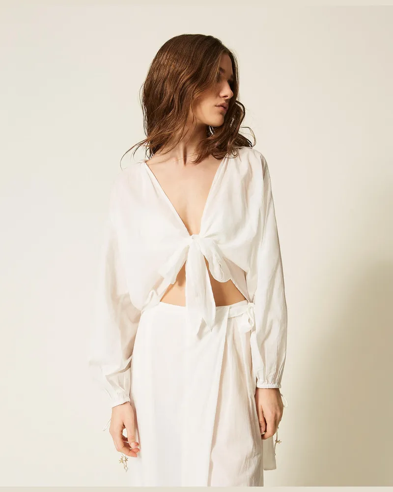 Twin-Set Hemden - Hemdbluse aus Musselin mit Schleife, Mattweiß, Baumwolle, Größe Mattweiß