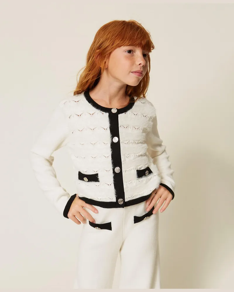 Twin-Set Strickcardigan mit Knöpfen und Profilen, Damen, Zweifarbig Schneeweiß / Schwarz Zweifarbig