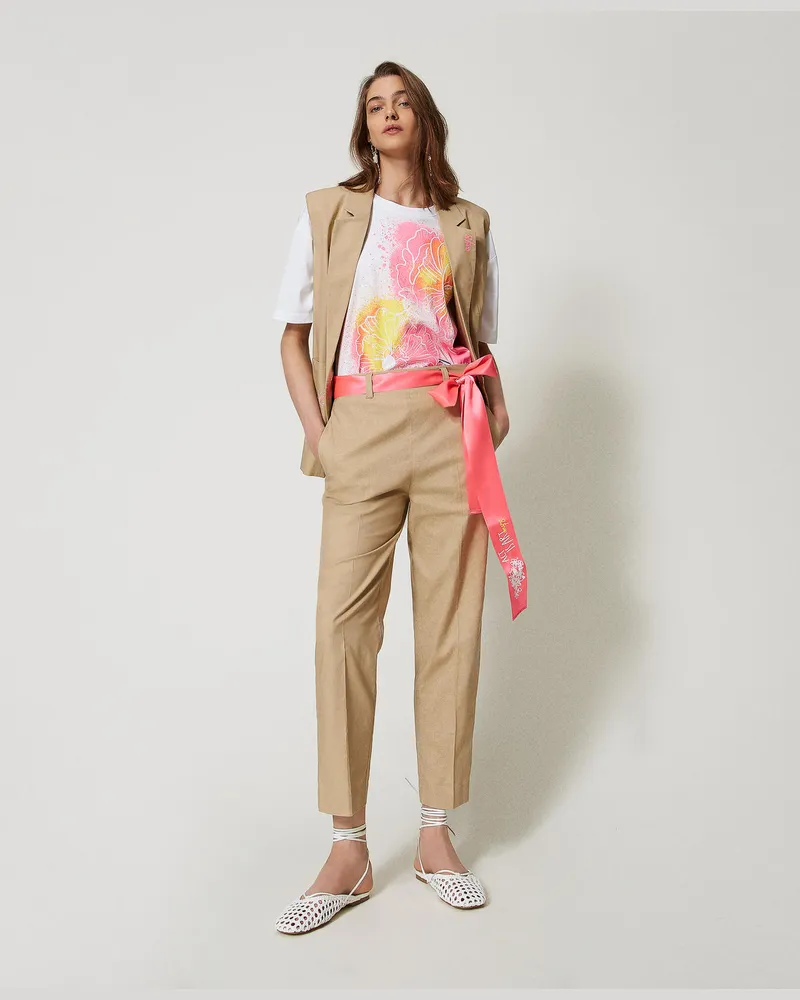 Actitude by Twinset Hosen - MYFO Zigarettenhose mit Gürtel, Weihrauch Beige, Baumwolle, Größe Weihrauch