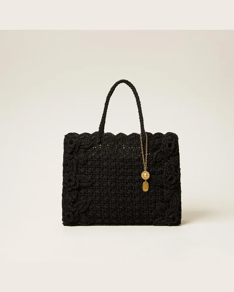 Twin-Set Taschen - Shopper im Häkel-Dessin mit Charms, Schwarz, Einheitsgröße Schwarz