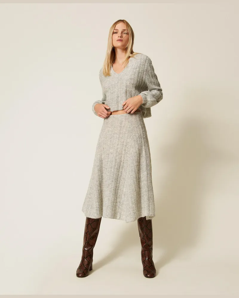 Twin-Set Röcke - Midirock aus Mohair und Lurex, Hellgrau-Mélange, Größe: XS 