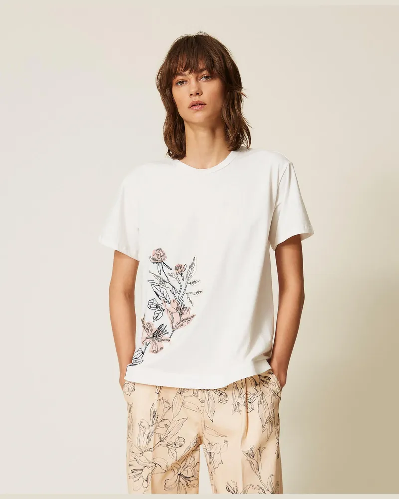 Twin-Set T-Shirt mit florealem Stickmotiv Mattweiß