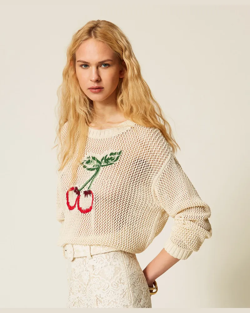 Twin-Set Pullover mit handgefertigter Kirschenstickerei, Dunkles Schneeweiß, Baumwolle, Größe Dunkles