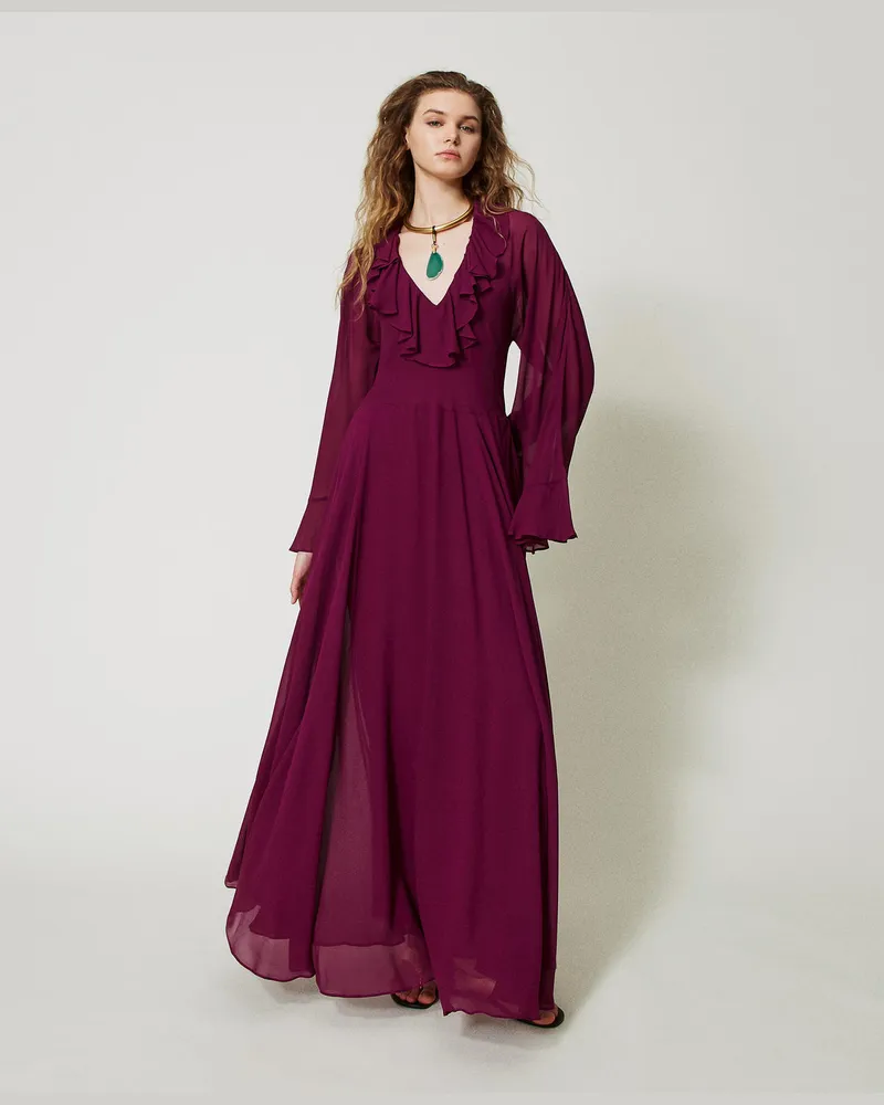 Twin-Set Kleider - Maxikleid „Capri" aus Georgette mit Volants, „Red Plum"-Violett, Größe „red