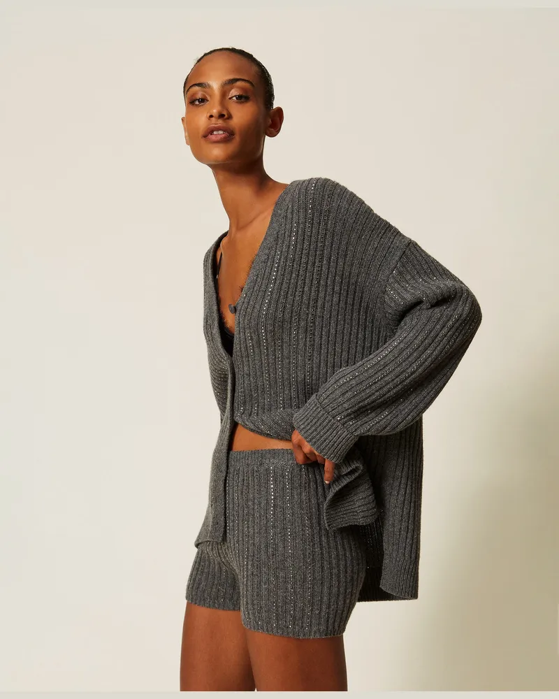 Twin-Set Strickshorts aus Wollmischung mit Strass Mittelgrau-melange