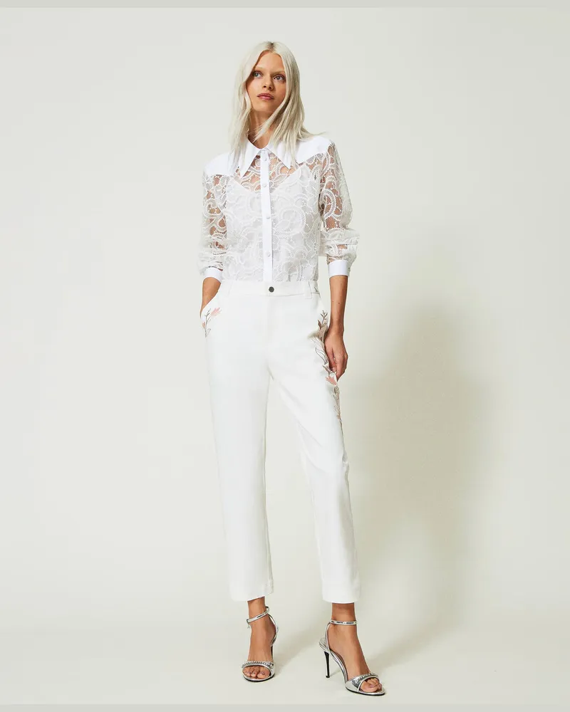 Actitude by Twinset Hosen - Hose aus Bio-Baumwolle mit Stickerei, "Papers"-Weiß, Größe Papers-weiß