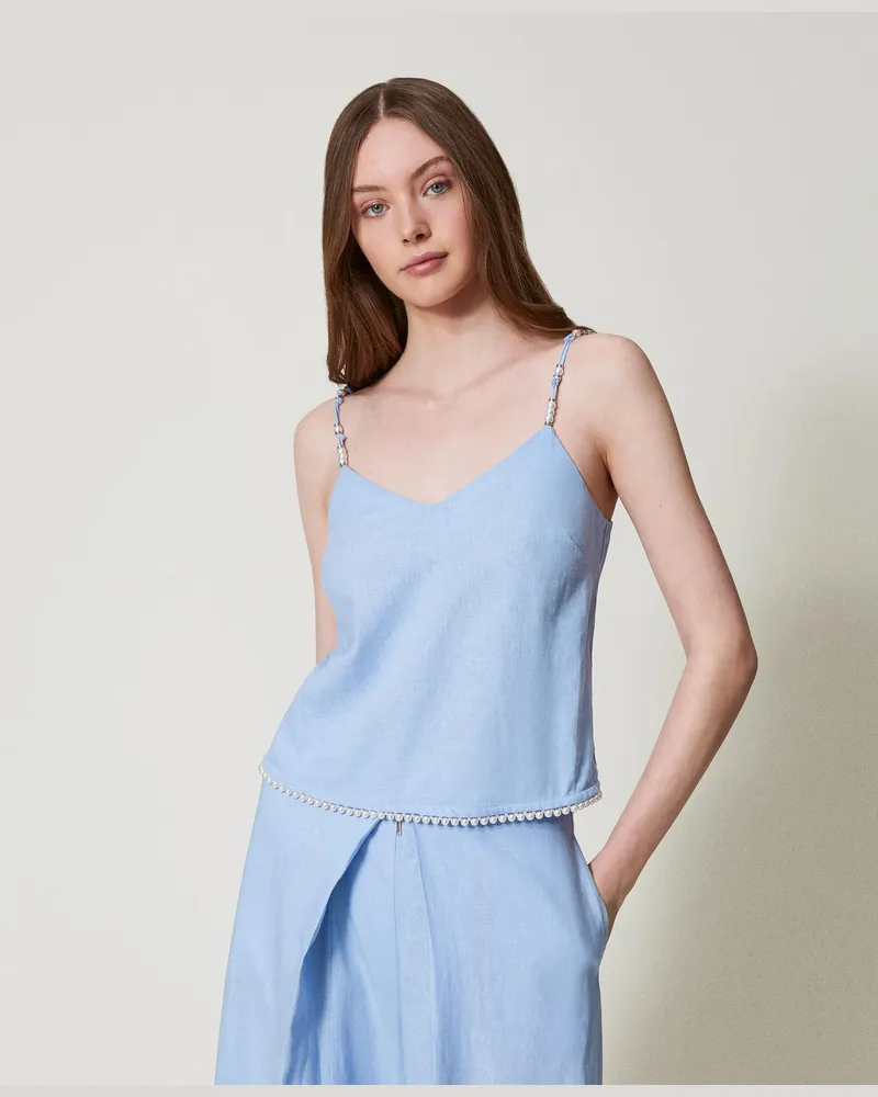 Twin-Set Bademode - Top aus Leinenmischung mit Perlen, "Blue Topaz"-Azur, Größe: S 