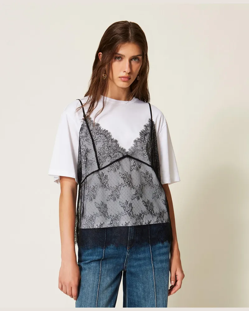 Twin-Set T-Shirt mit Rundhalsausschnitt und Top aus Spitze Zweifarbig