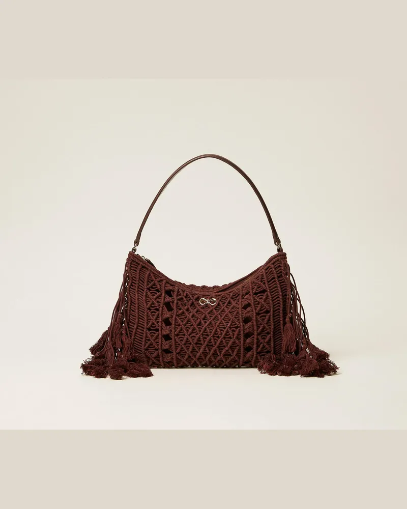 Twin-Set Hobo-Tasche im Häkel-Dessin mit Fransen Marron