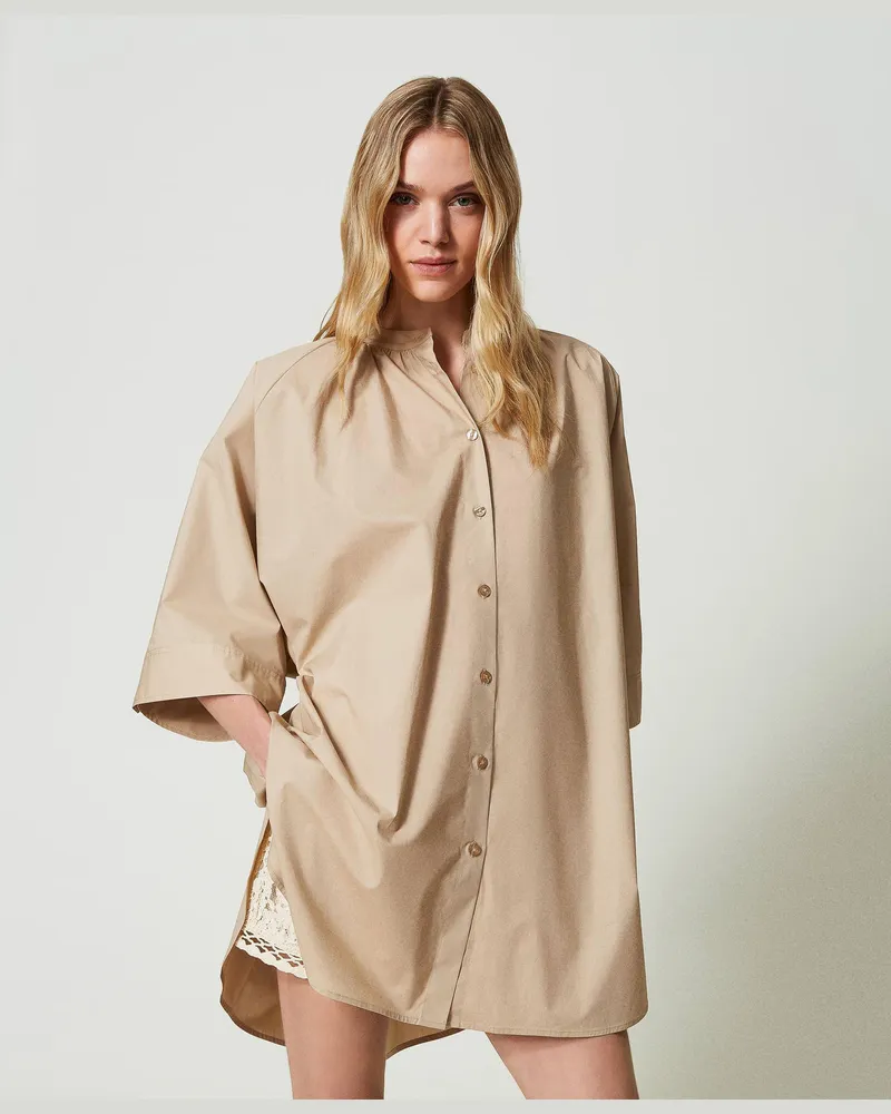 Twin-Set Bademode - Maxihemd aus Popeline, Nougat Beige, Baumwolle, Größe: M 