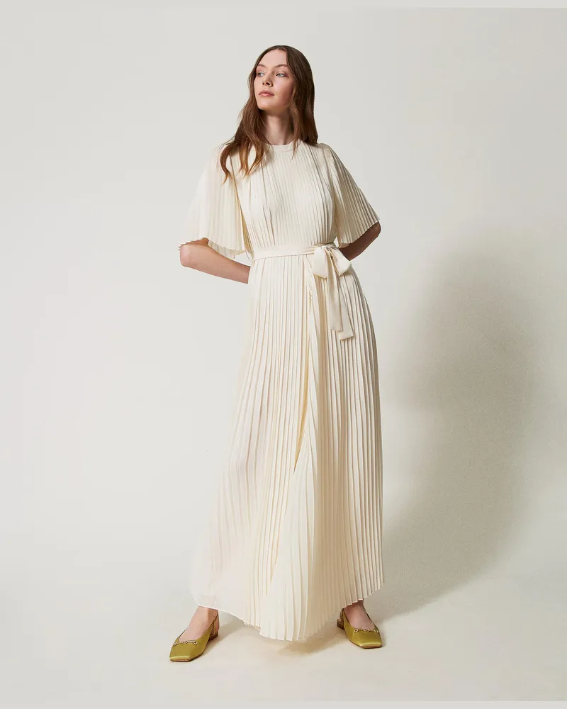 Twin-Set Kleider - Langer Jumpsuit aus Crêpe-Georgette, Vanilla, Plissee, Größe Vanilla