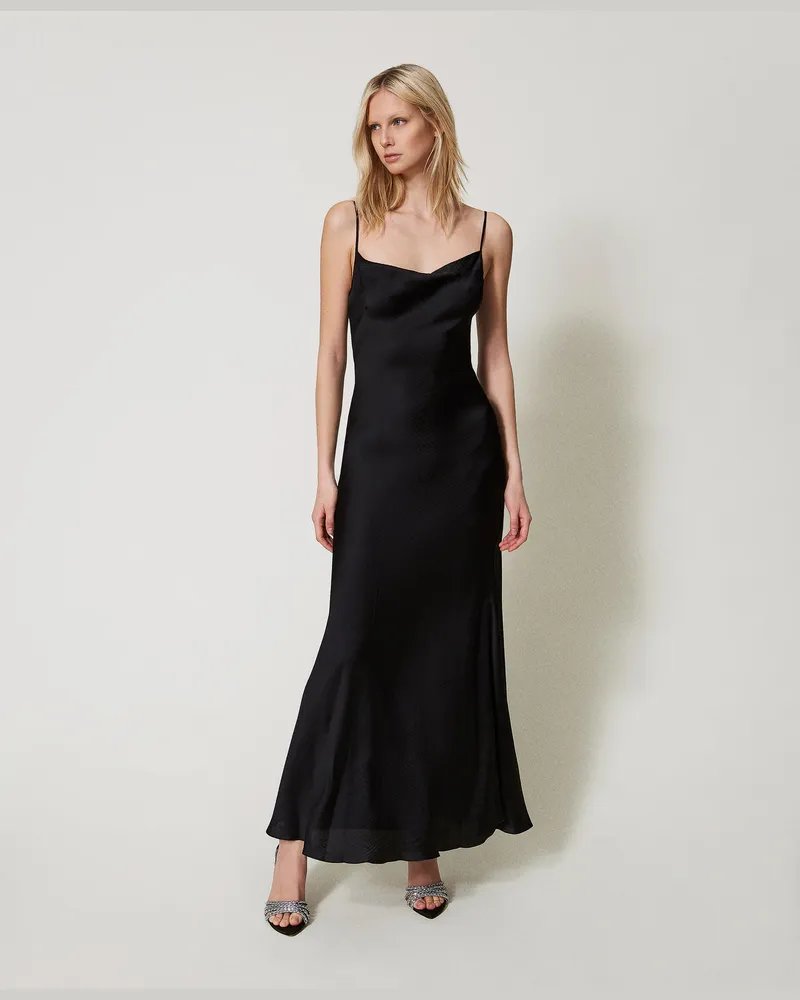 Twin-Set Kleider - Figurbetontes Maxikleid aus Satin, Schwarz, Größe Schwarz