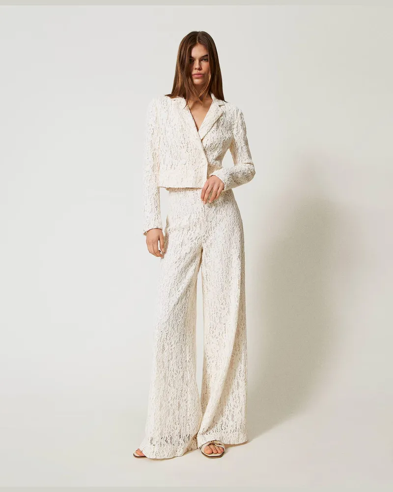 Twin-Set Hosen - Wide-Leg-Hose aus floraler Spitze, Weiß Schnee, Größe Weiß