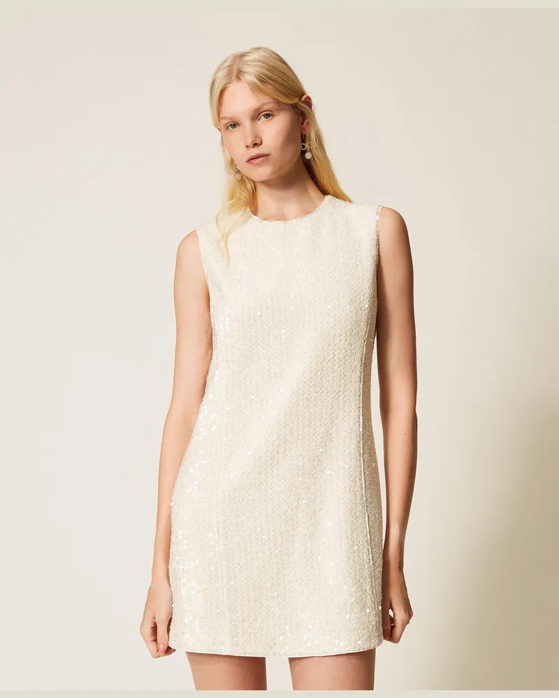 Twin-Set Kleider - Kurzes Bouclé-Kleid mit Pailletten, Perlmutt, Paillettes, Größe Perlmutt