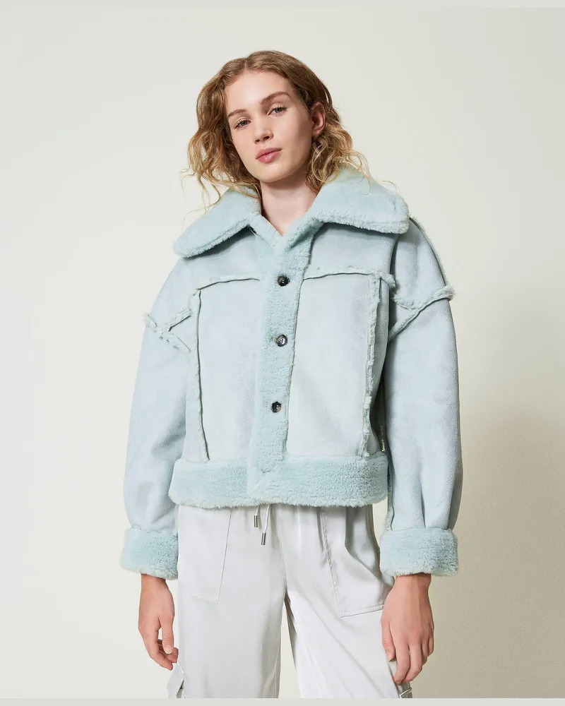 Twin-Set Jacken und Outerwear - Wendejacke mit Pelzimitat, Agaven Grün, Größe Agaven