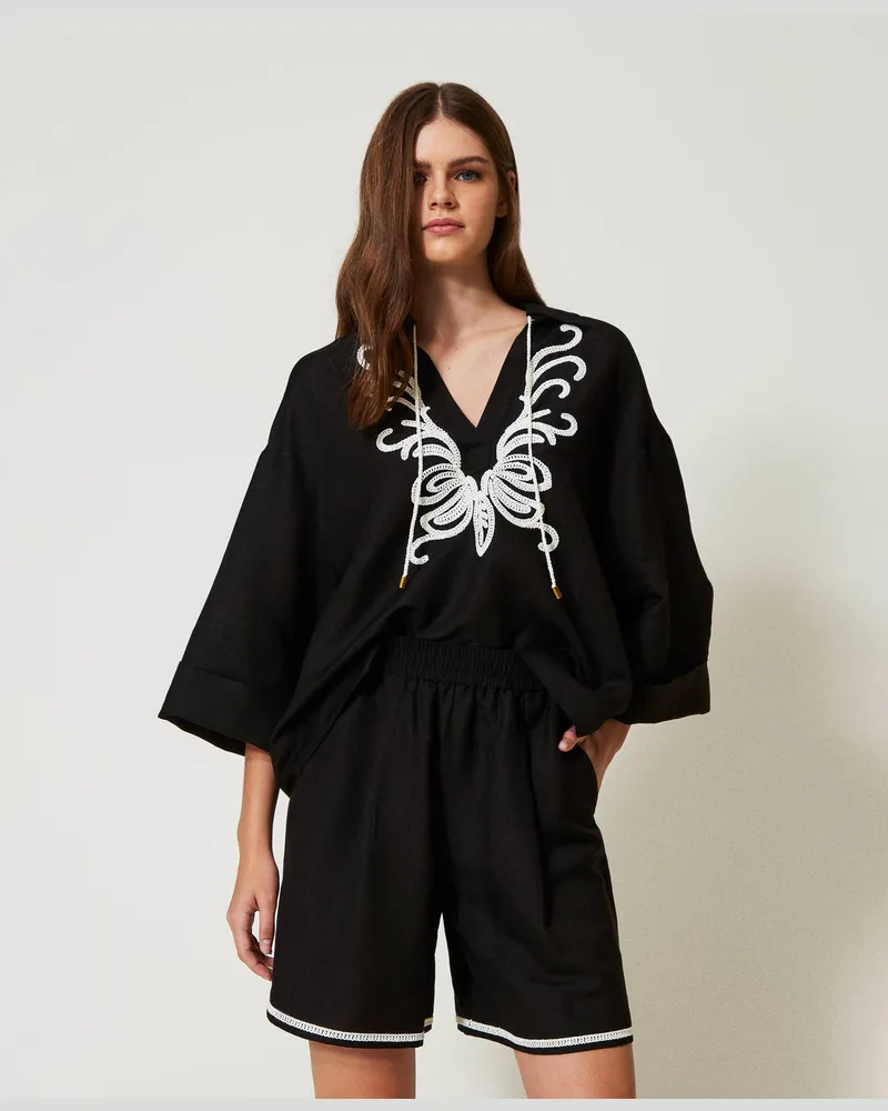 Twin-Set Bademode - Shorts aus Leinenmischung mit Stickereien, Zweifarbig Schwarz / Perlmuttweiß, Größe: XL 