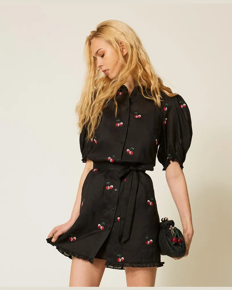 Twin-Set Kurzes Kleid aus Ramie mit Stickerei Black