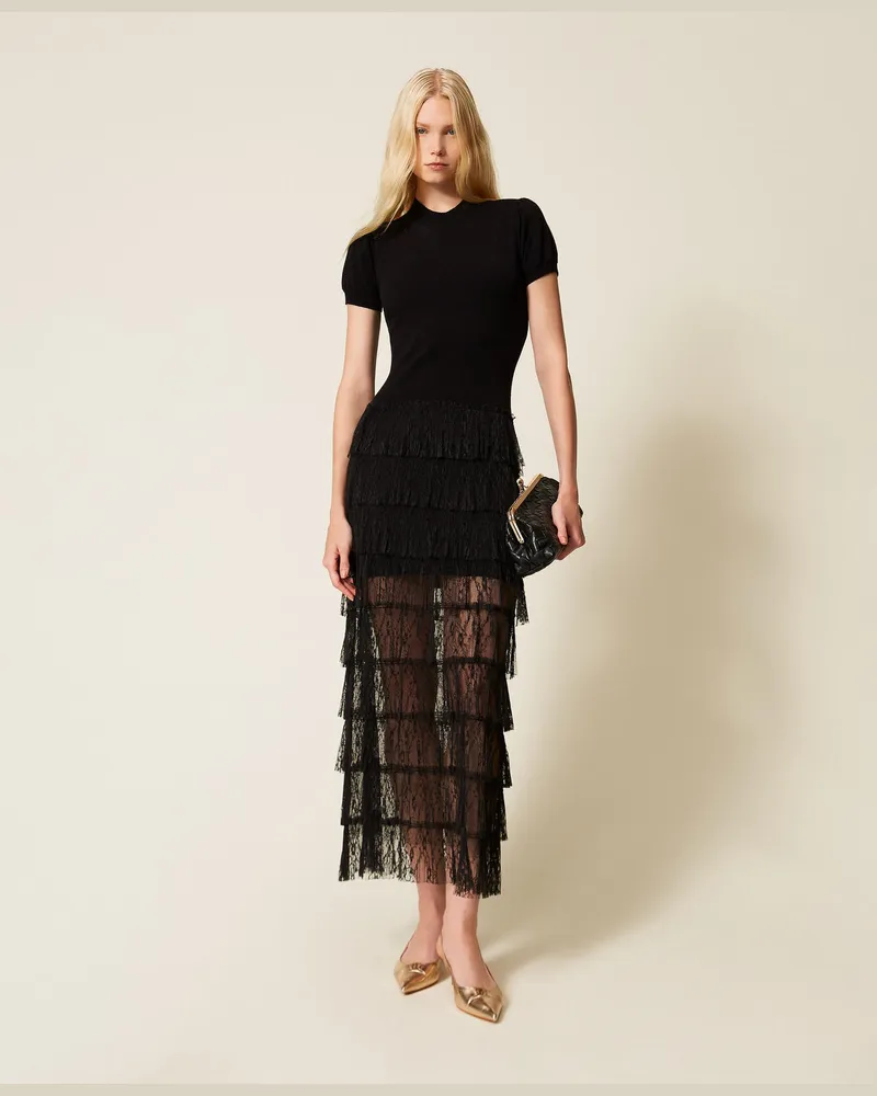Twin-Set Kleider - Langes Kleid aus Strick mit Plumetis-Spitze, Schwarz, Größe Schwarz