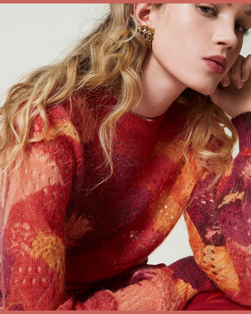 Twin-Set Pullover aus Wolle-Mohair-Mischung, Makroblumen Rot / Pflaumenrot, Mit Blumen, Größe: XS 