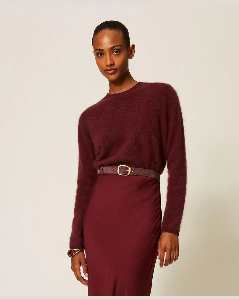 Twin-Set Pullover mit Rundhalsausschnitt aus gebürsteter Wolle Bordeaux