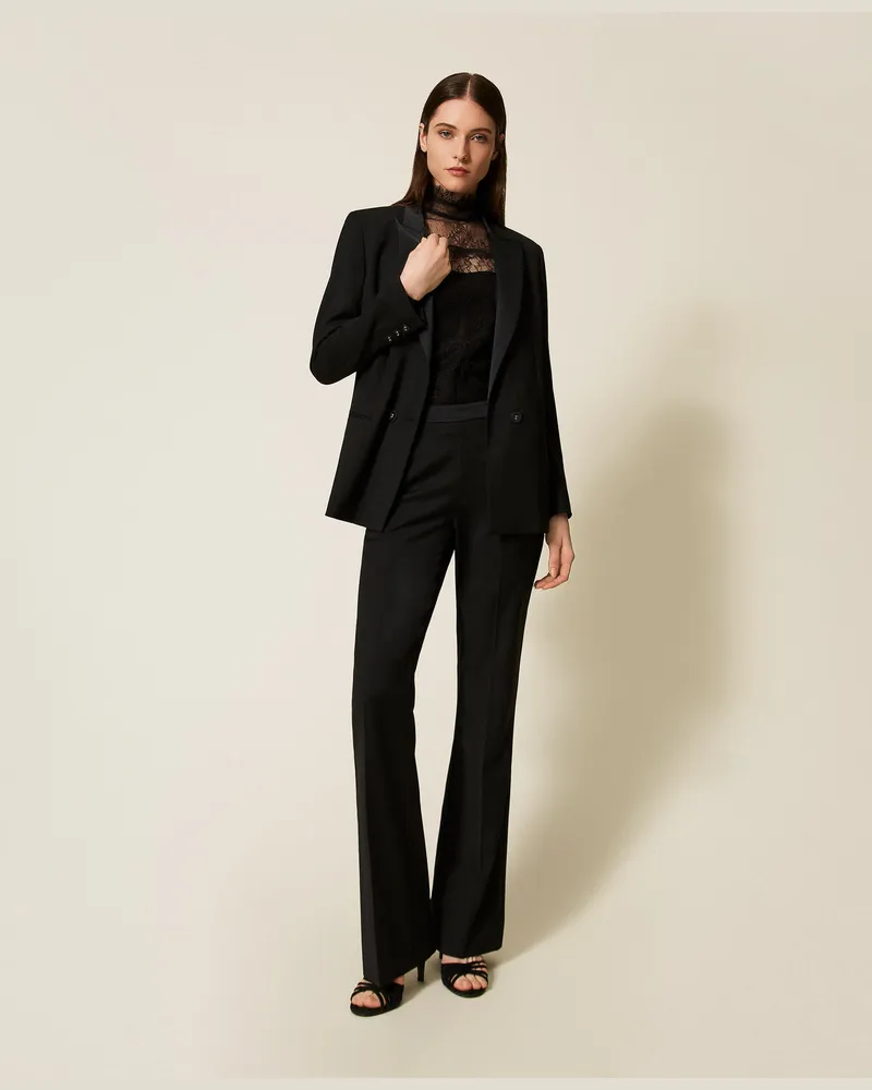 Twin-Set Hosen - Flare-Hose mit Satindetails, Schwarz, Wolle, Größe Schwarz