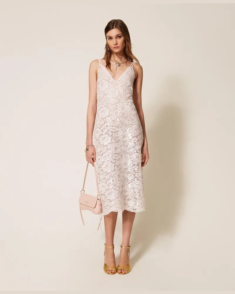 Twin-Set Midikleid aus Spitze mit Pailletten Sandrosa