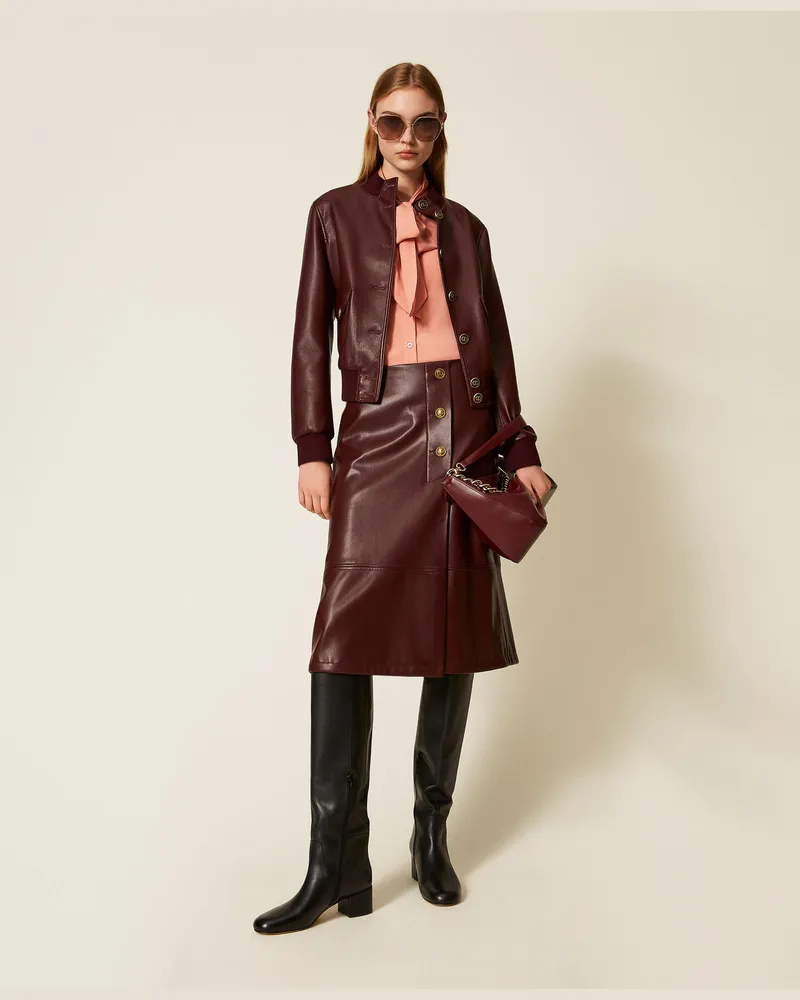 Twin-Set Röcke - Midirock aus Lederimitat mit Knöpfen, "Winetasting"-Violett, Lederoptik, Größe: 48 