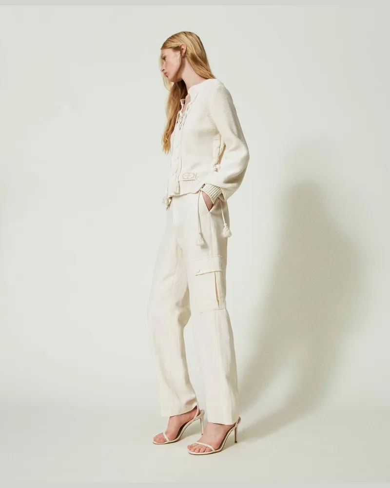 Twin-Set Hosen - Cargohose aus Leinenköper, Elfenbein, Größe Elfenbein
