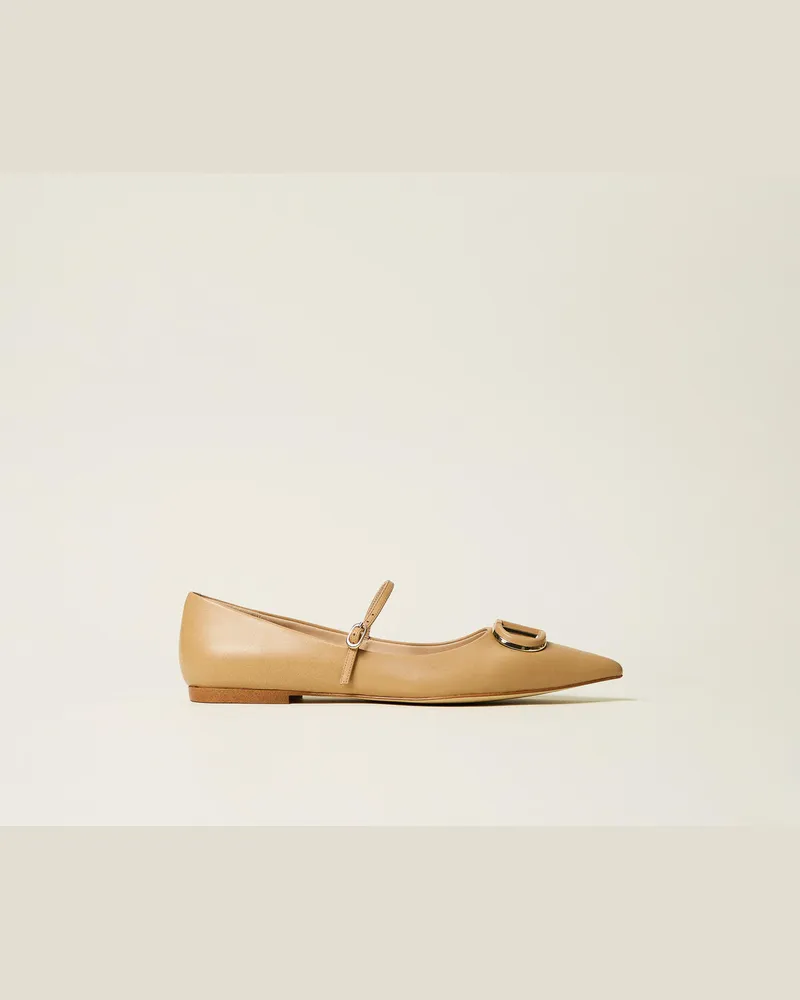 Twin-Set Schuhe - Lederballerina mit Oval T, Camel, Größe Camel