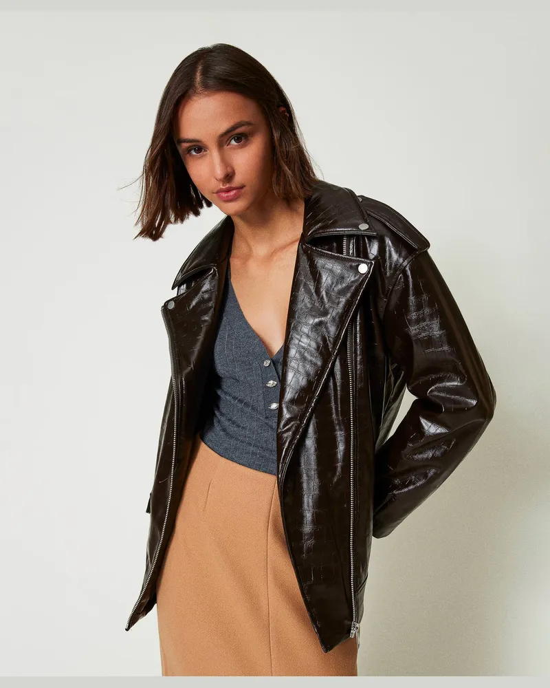 Actitude by Twinset Jacken und Outerwear - Bikerjacke mit Animalprint, „Molé"-Braun, Lederoptik, Größe „molé“-braun