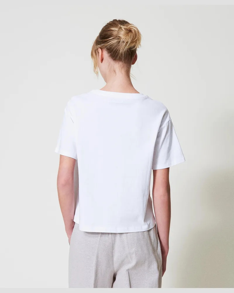 Actitude by Twinset T-Shirts - T-Shirt mit Handstickerei, "Papers"-Weiß, Baumwolle, Größe Papers-weiß