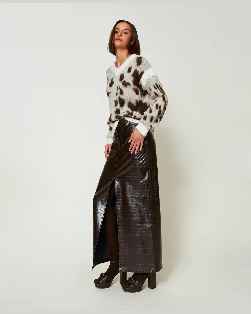 Actitude by Twinset Röcke - Maxirock mit Animalprint, „Molé"-Braun, Lederoptik, Größe: S 