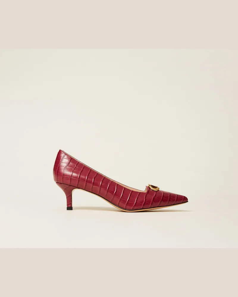 Twin-Set Schuhe - Pumps mit Krokoprägung und Oval T, Venedigrot, Leder, Größe Venedigrot
