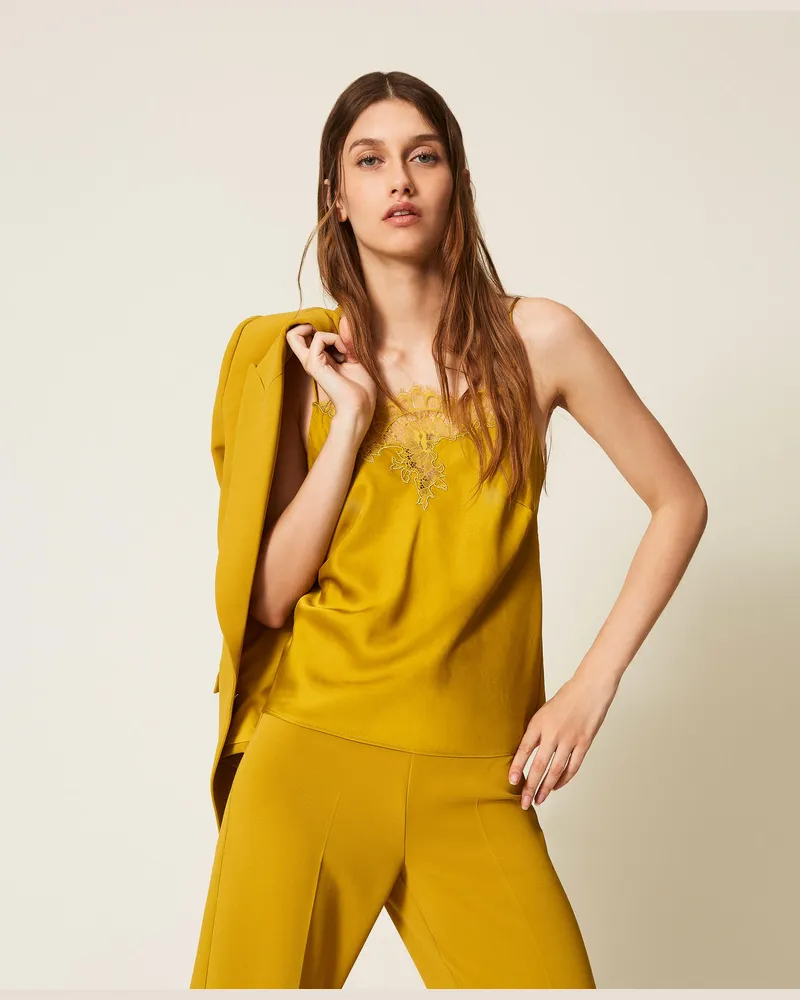 Twin-Set Tops - Top aus Satin und Spitze, Senfgelb, Größe: 50 