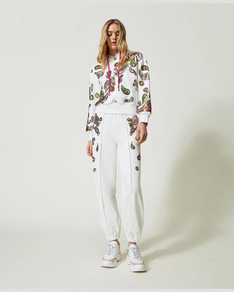 Twin-Set Bademode - Joggers mit aufgestickten Pailletten, Star White / Stickerei Multicolors, Paillettes, Größe: S 