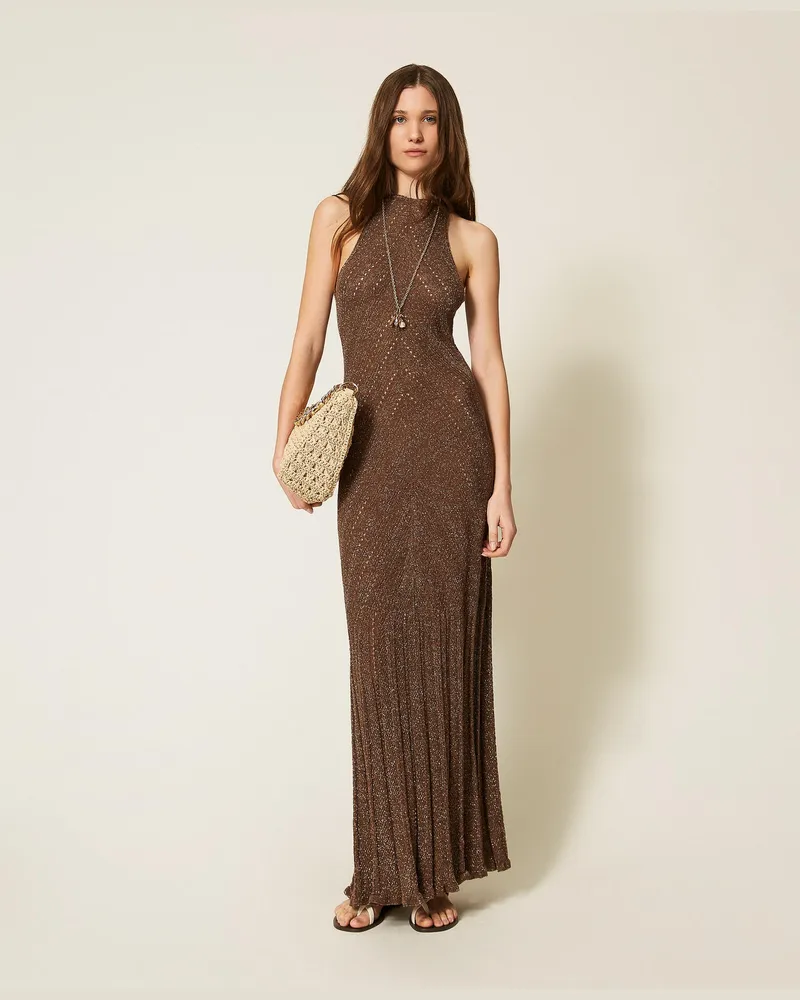 Twin-Set Kleider - Langes Kleid aus Leinenstrick mit Lurex, Coffee Liqueur Lurex, Größe Coffee