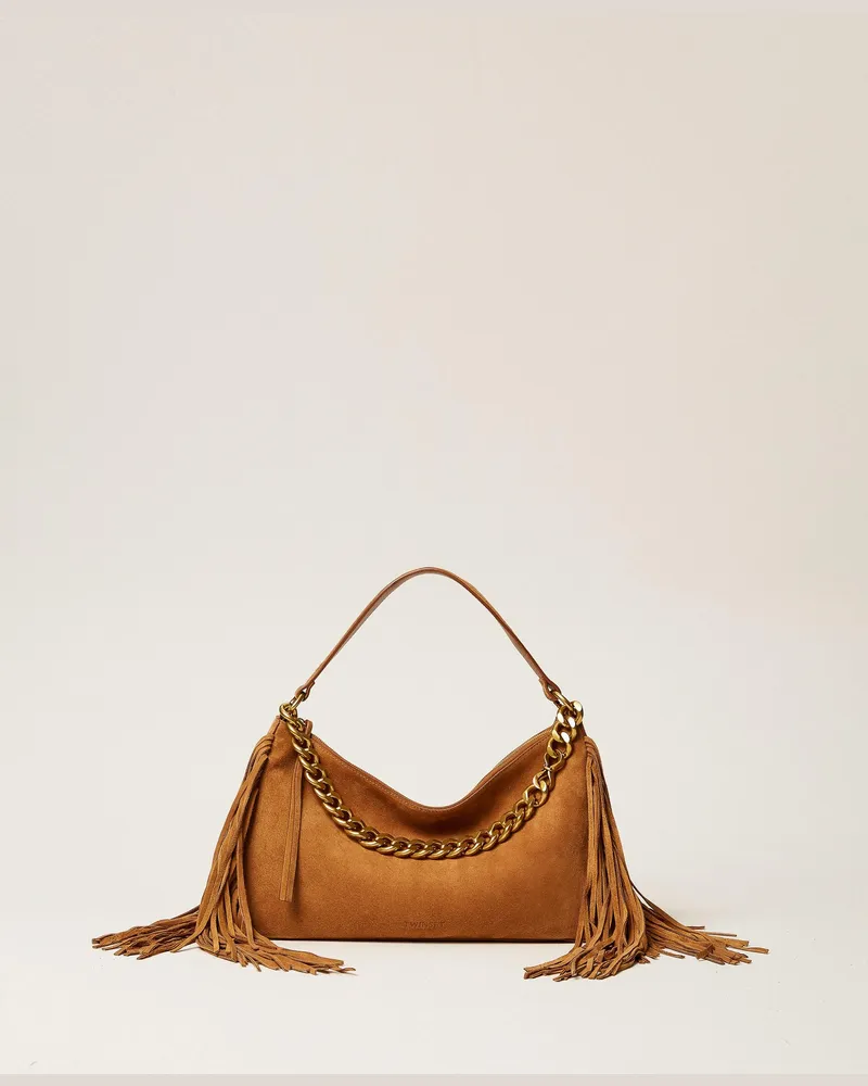 Twin-Set Große Liliane Tasche aus Veloursleder mit Fransen, Damen, "Bubinga Wood"-Braun Bubinga