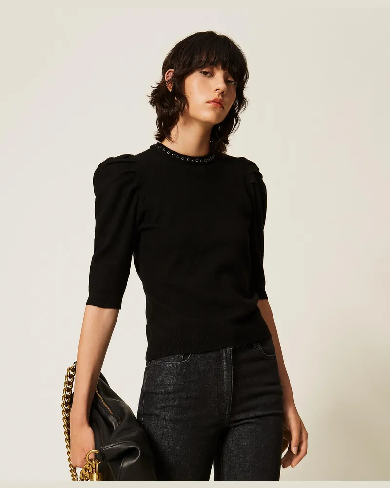 Twin-Set Pullover mit Strasssteinen, Damen, Schwarz Schwarz