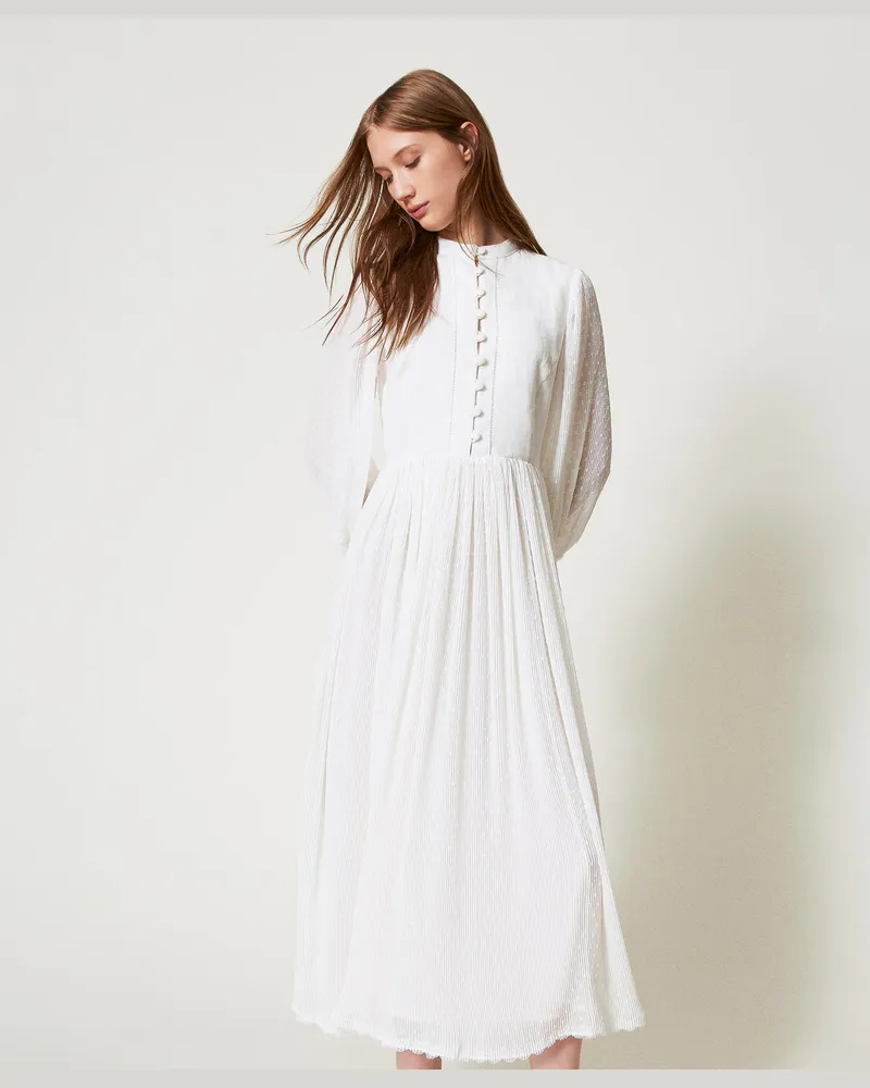 Twin-Set Kleider - Maxikleid aus Leinenmischung und Plumetis, Weiß Schnee, Größe Weiß