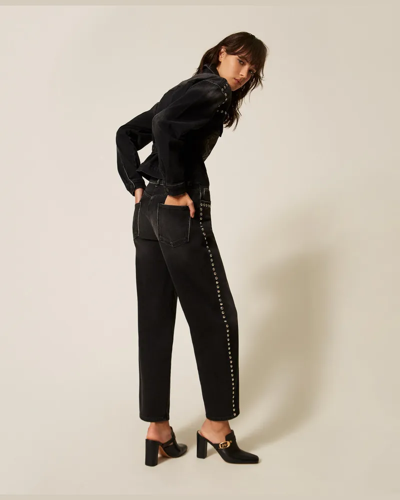 Actitude by Twinset Barrel-Jeans mit Nieten, Denimschwarz Délavé, Größe Denimschwarz