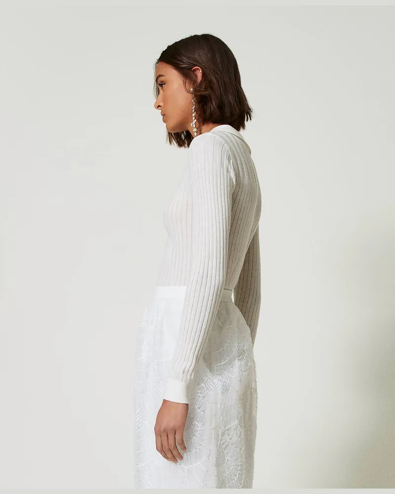 Actitude by Twinset Gerippter Pullover mit Stickerei, White Sahne, Größe: XL 