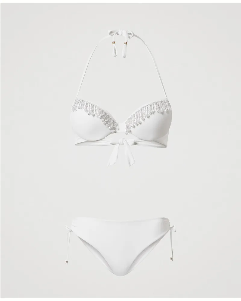 Twin-Set Bademode - Push-up-Bikinitop mit Stickerei und Bikinihose, Sugar Weiß, Größe Sugar